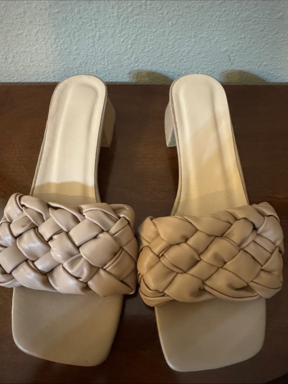 Woven Strap Beige Block Heel Slide Sandals - Women's